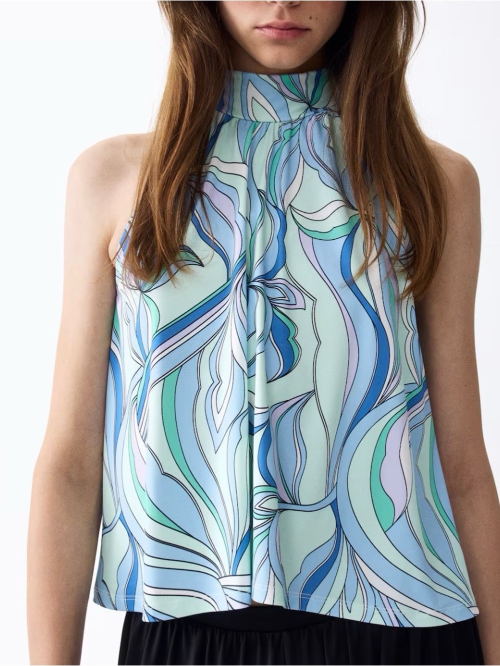 H&M Printed Tie-Detail Top in Light turquoise/blue sz M NWT